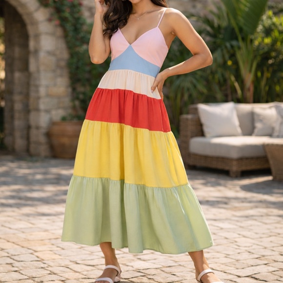 Fore Striped Cotton Tier Maxi Dress Adjustable Straps Gathered Ruffled Medium - Picture 1 of 10